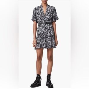 AllSaints Fay Ambient Dress Animal Print Tie Waist Mini Viscose Size Small